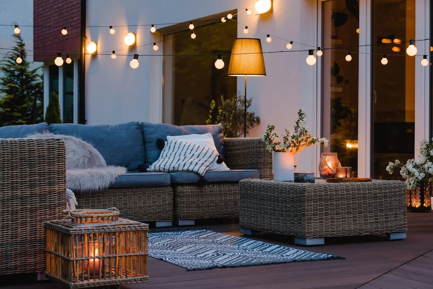 outdoor space with wall lights and furniture