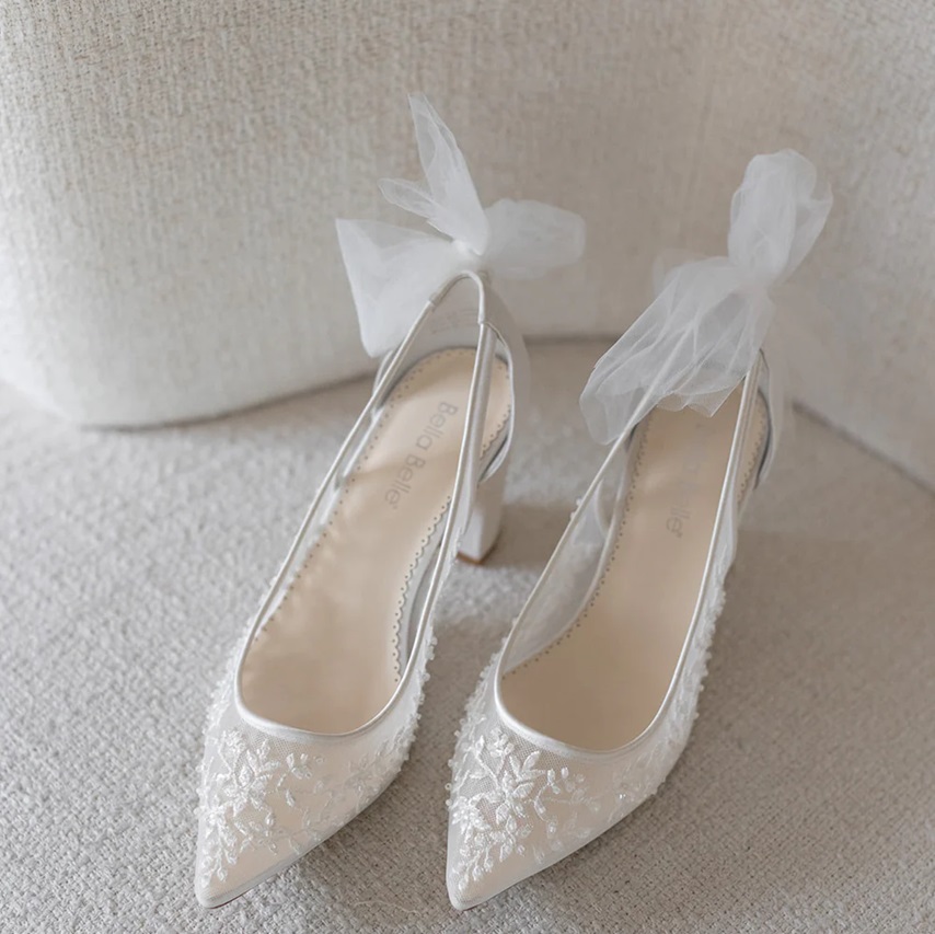 Easton - Slingback Block Heel Wedding Shoes with Tulle Bow
