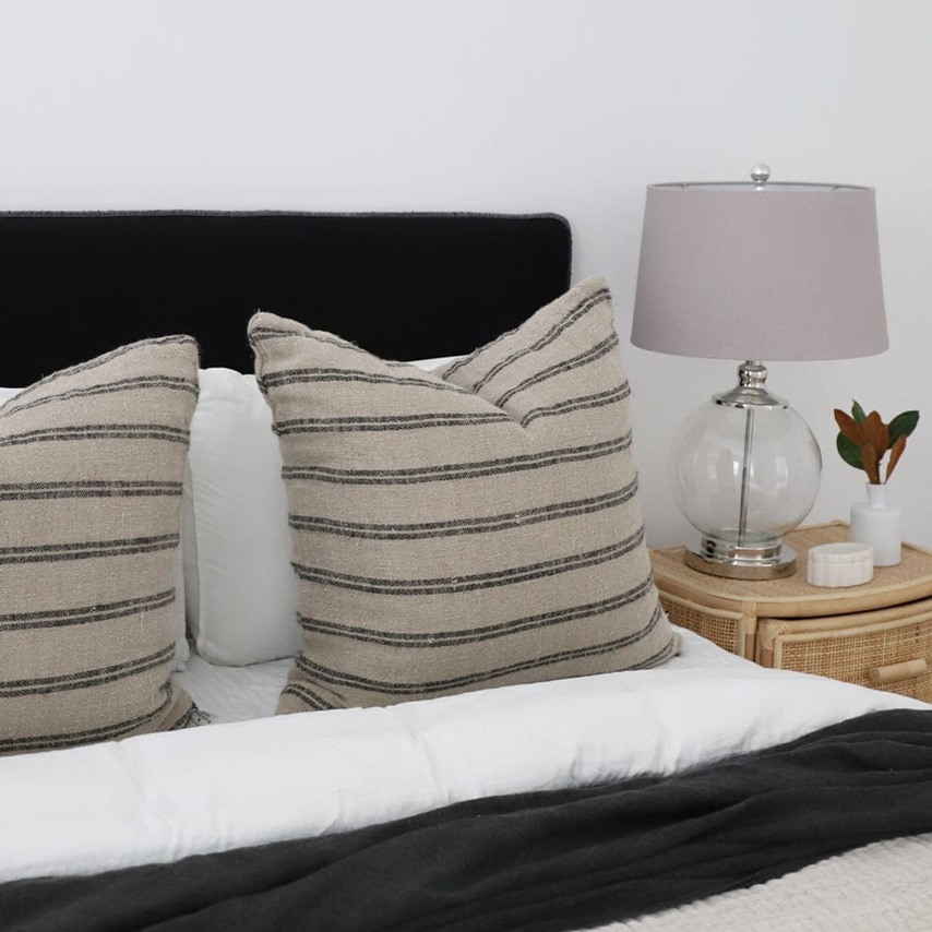 Juno Bedhead with Overlocked Slipcover Queen Size Black with White Stitching
