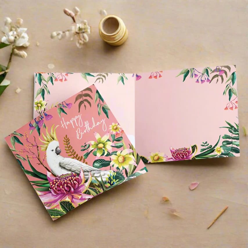 Happy-Birthday-Greeting-Card-Cockatoo-and-Australian-flowers
